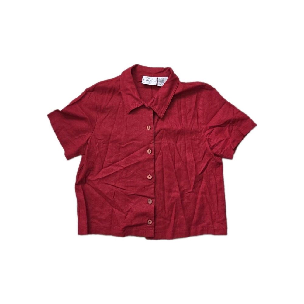 Studio Ease Red Linen Blend Button Front Blouse Size 10 Short Sleeve Cropped GUC
